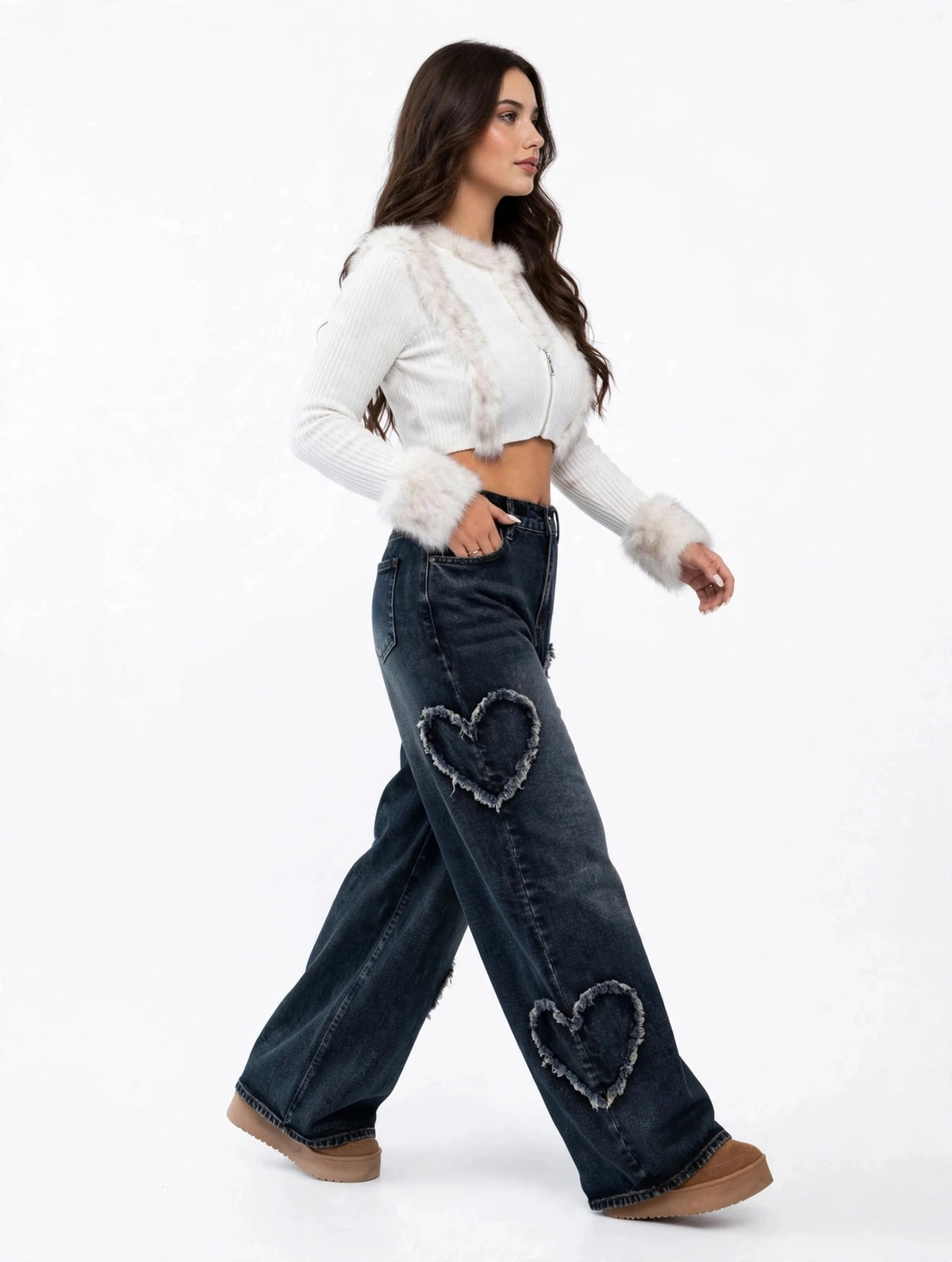Jean large taille haute à motifs de cœur style Y2K