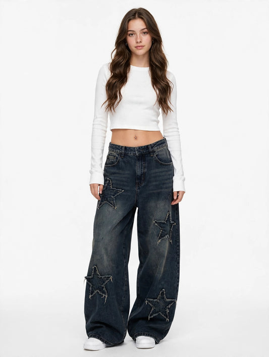 Jean large destroy taille haute style streetwear grunge