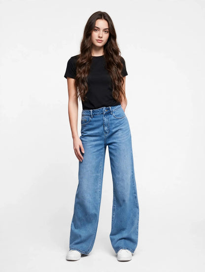 Jean wide-leg taille haute intemporel style casual