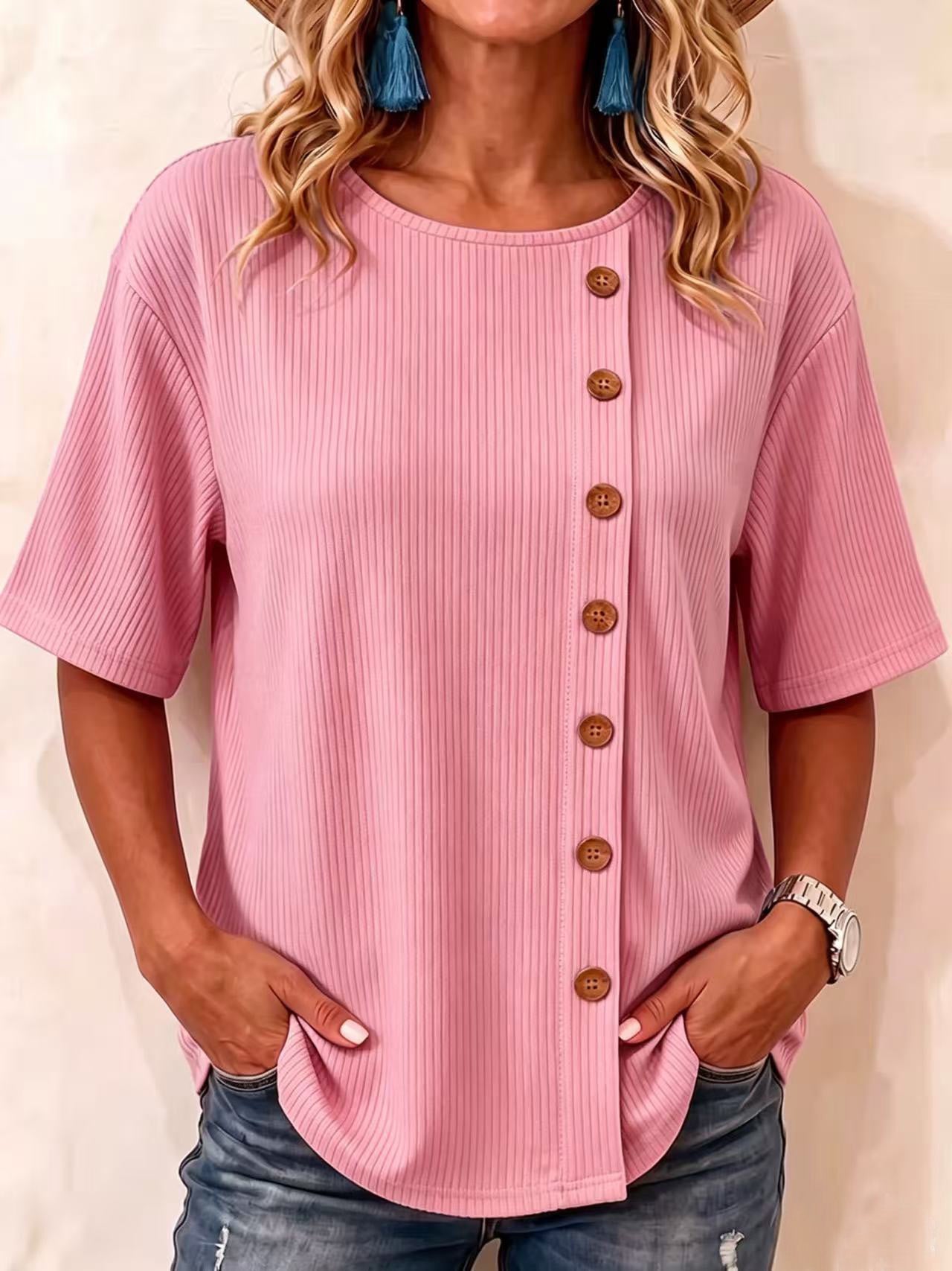T-shirt élégant à manches courtes et boutons décoratifs asymétriques