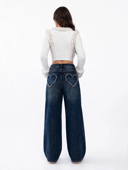 Jean large taille haute à motifs de cœur style Y2K