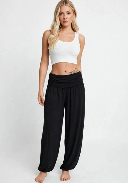 Pantalon sarouel fluide et boho à taille haute élastiquée
