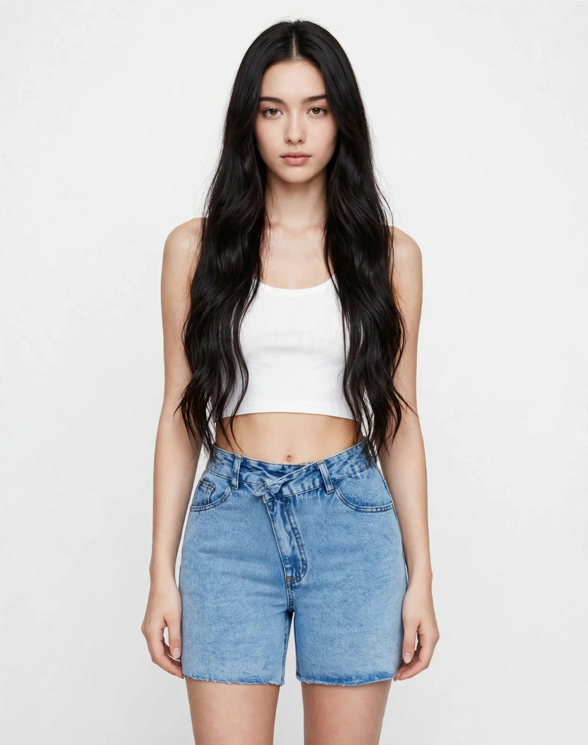 short en jean taille haute à design croisé et cordon de serrage