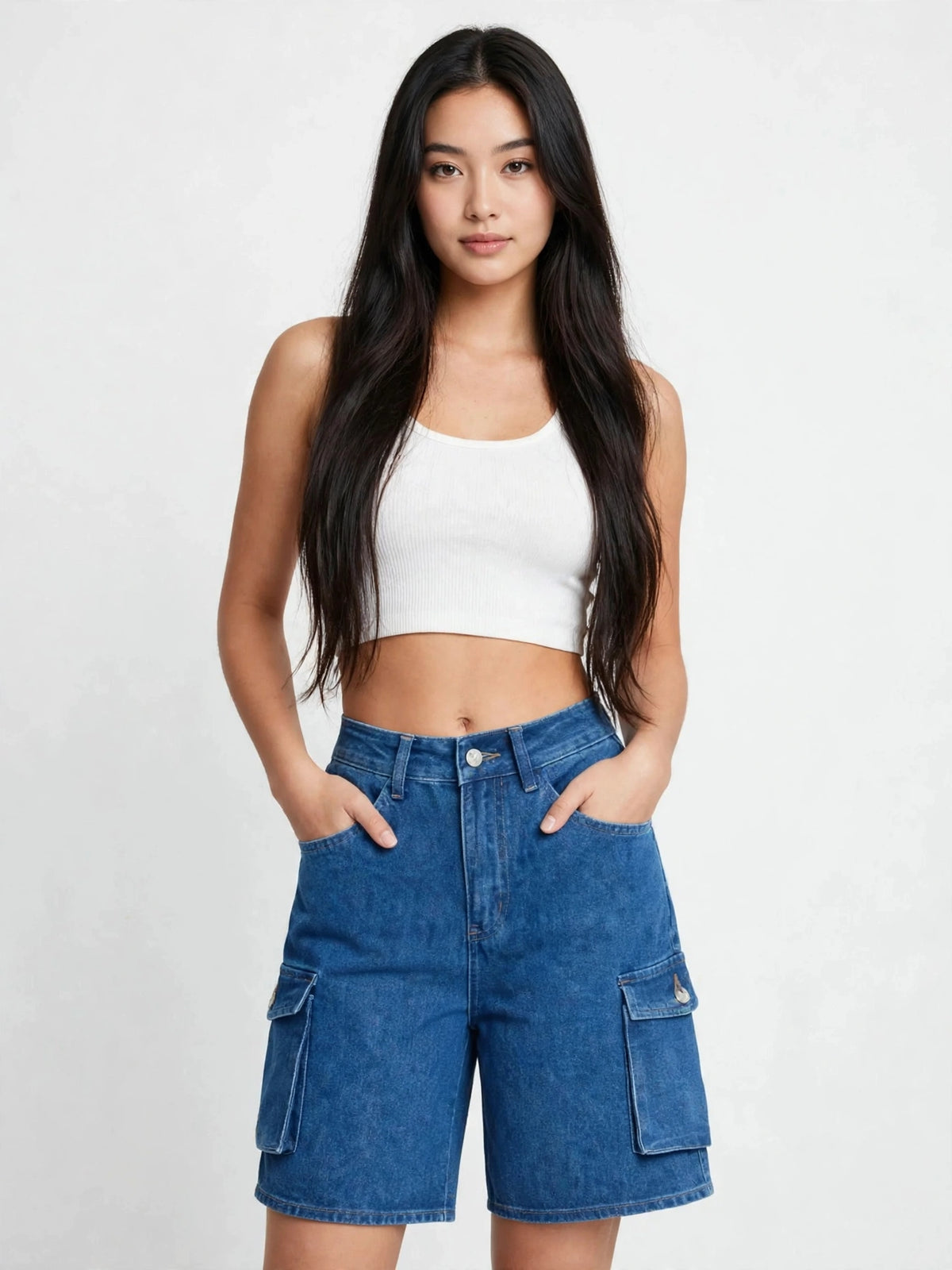 Bermuda cargo en jean ample à taille haute et poches à rabat