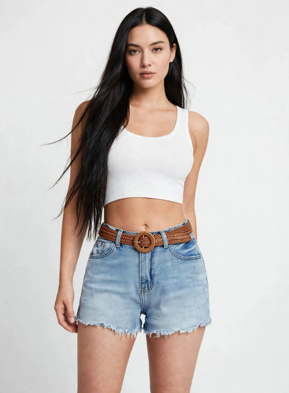 Mini short ein jean délavé et effiloché