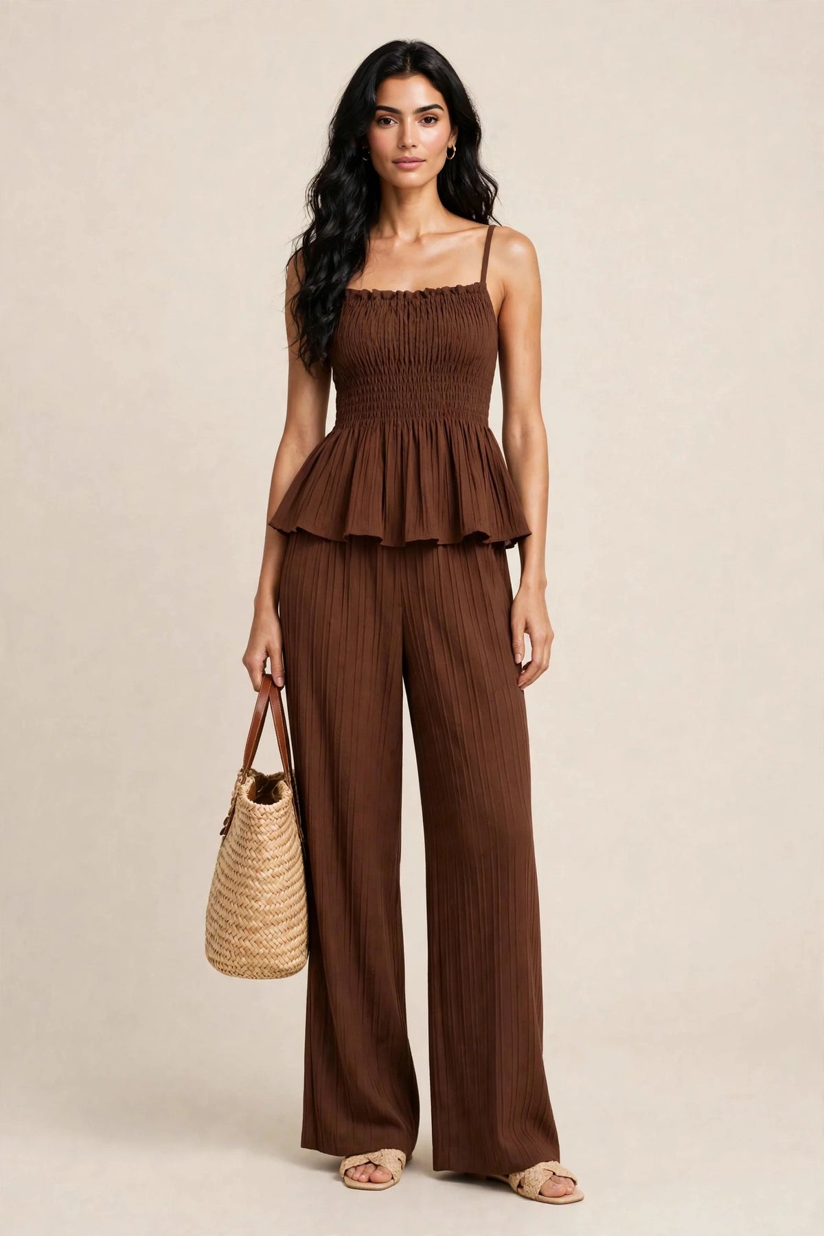 Ensemble deux piéces estival top caraco et pantalon large à motifs