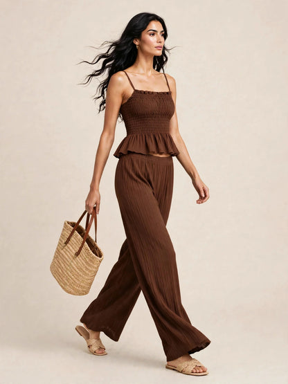 Ensemble deux piéces estival top caraco et pantalon large à motifs