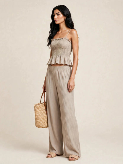 Ensemble deux piéces estival top caraco et pantalon large à motifs