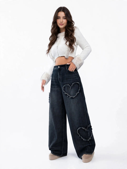Jean large taille haute à motifs de cœur style Y2K