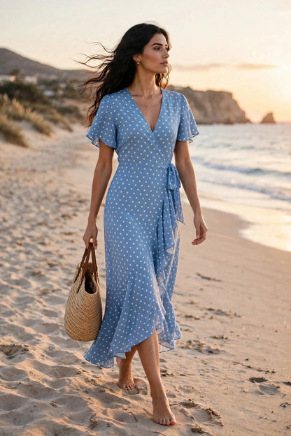 Robe longue portefeuille estivale à manches courtes