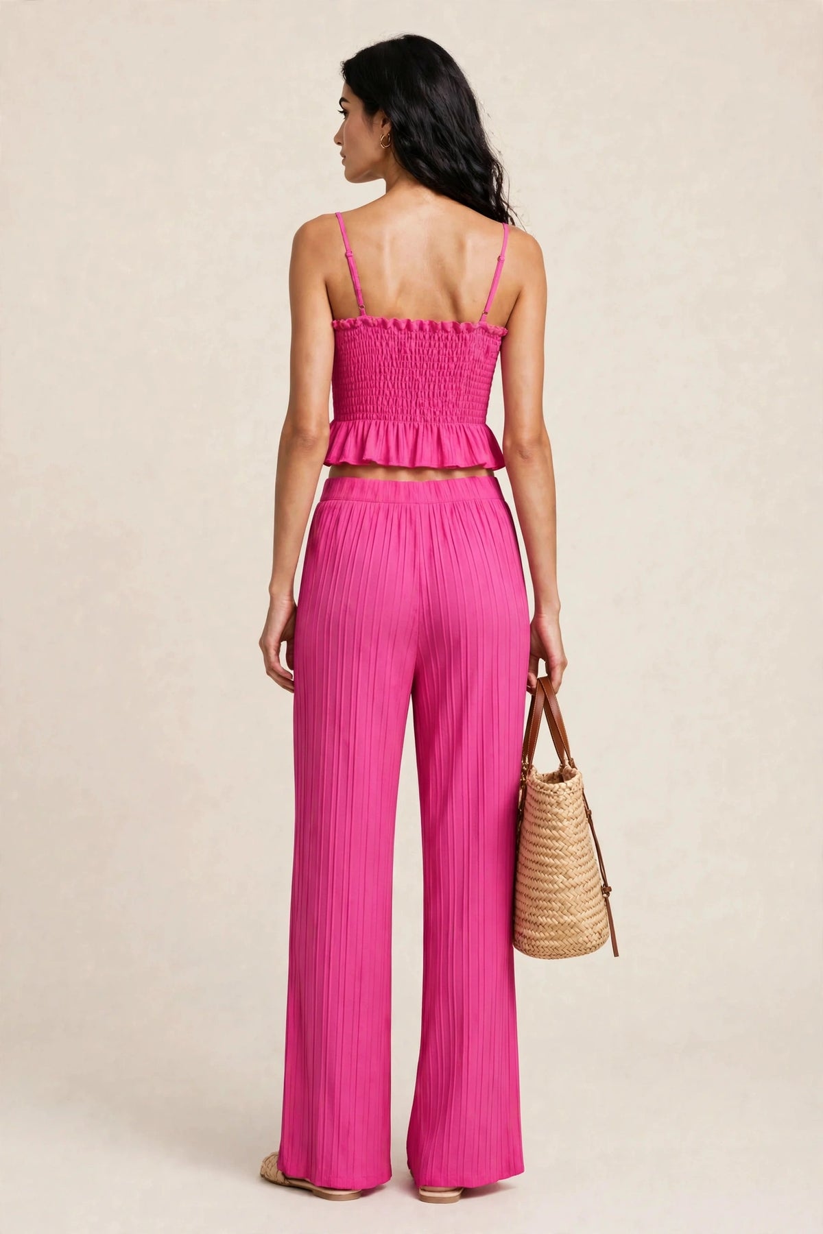 Ensemble deux piéces estival top caraco et pantalon large à motifs