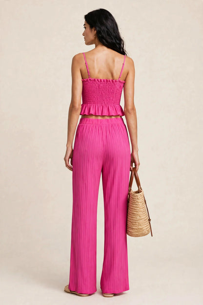 Ensemble deux piéces estival top caraco et pantalon large à motifs
