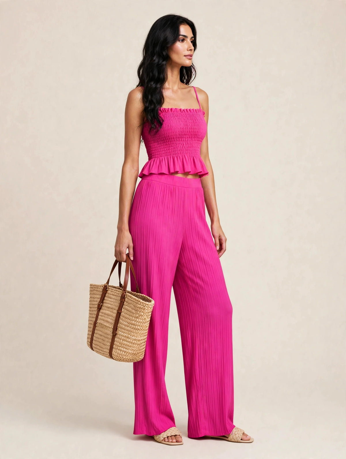 Ensemble deux piéces estival top caraco et pantalon large à motifs