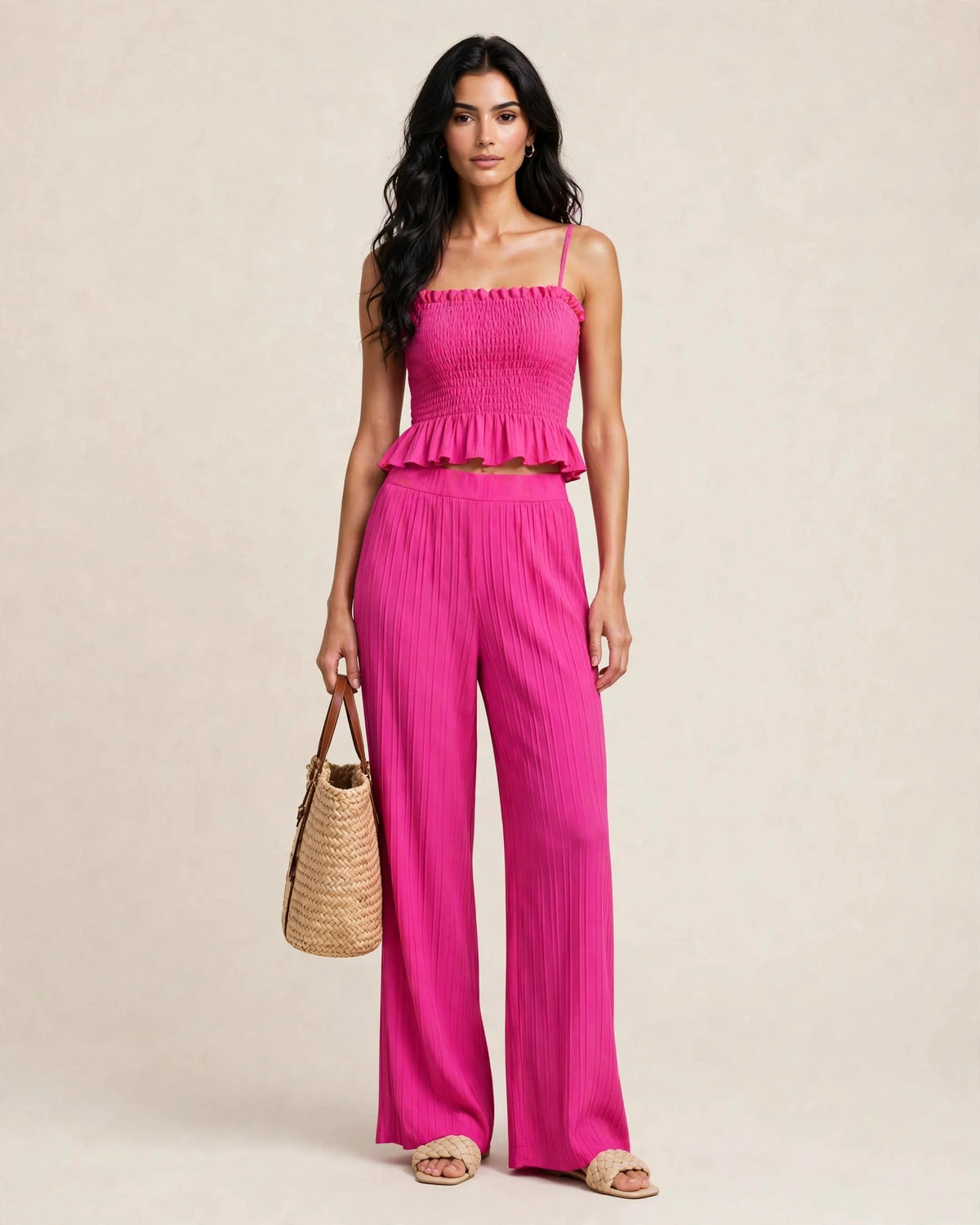 Ensemble deux piéces estival top caraco et pantalon large à motifs