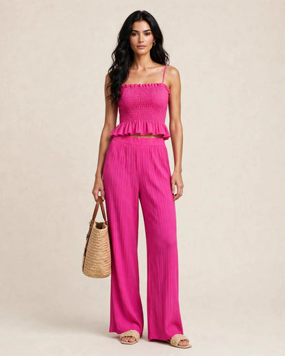 Ensemble deux piéces estival top caraco et pantalon large à motifs