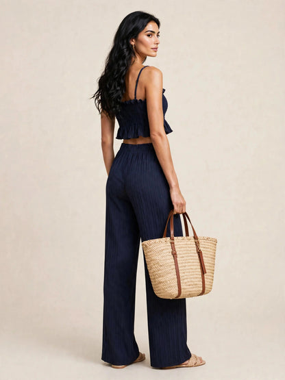 Ensemble deux piéces estival top caraco et pantalon large à motifs