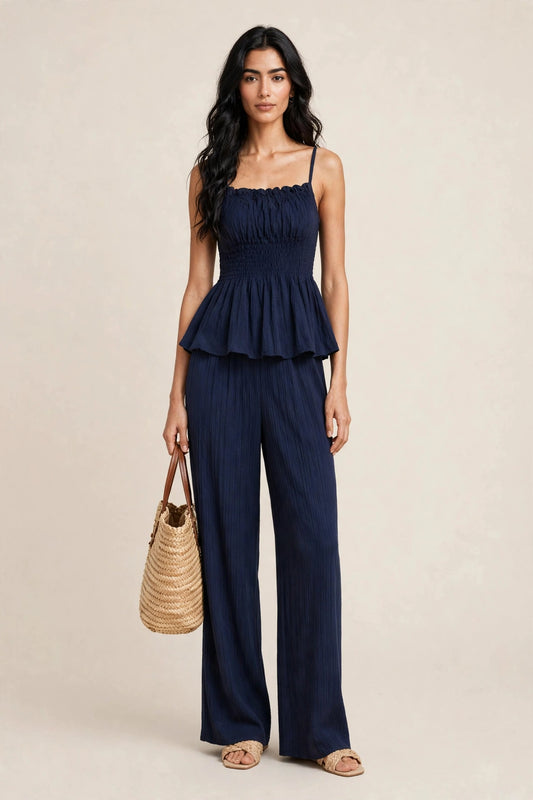 Ensemble deux piéces estival top caraco et pantalon large à motifs