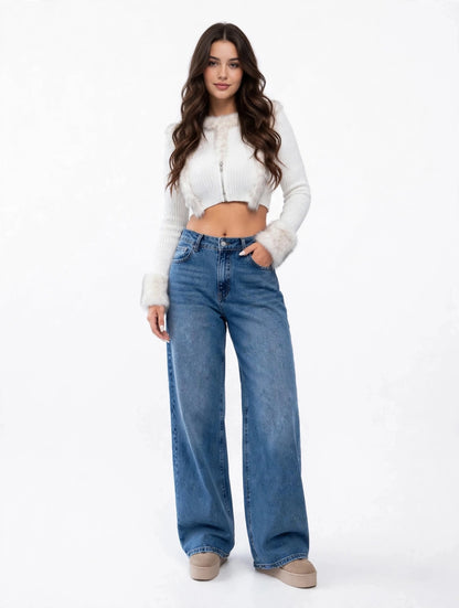 Jean wide-leg taille haute intemporel style casual