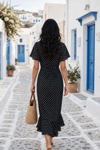 Robe longue portefeuille estivale à manches courtes