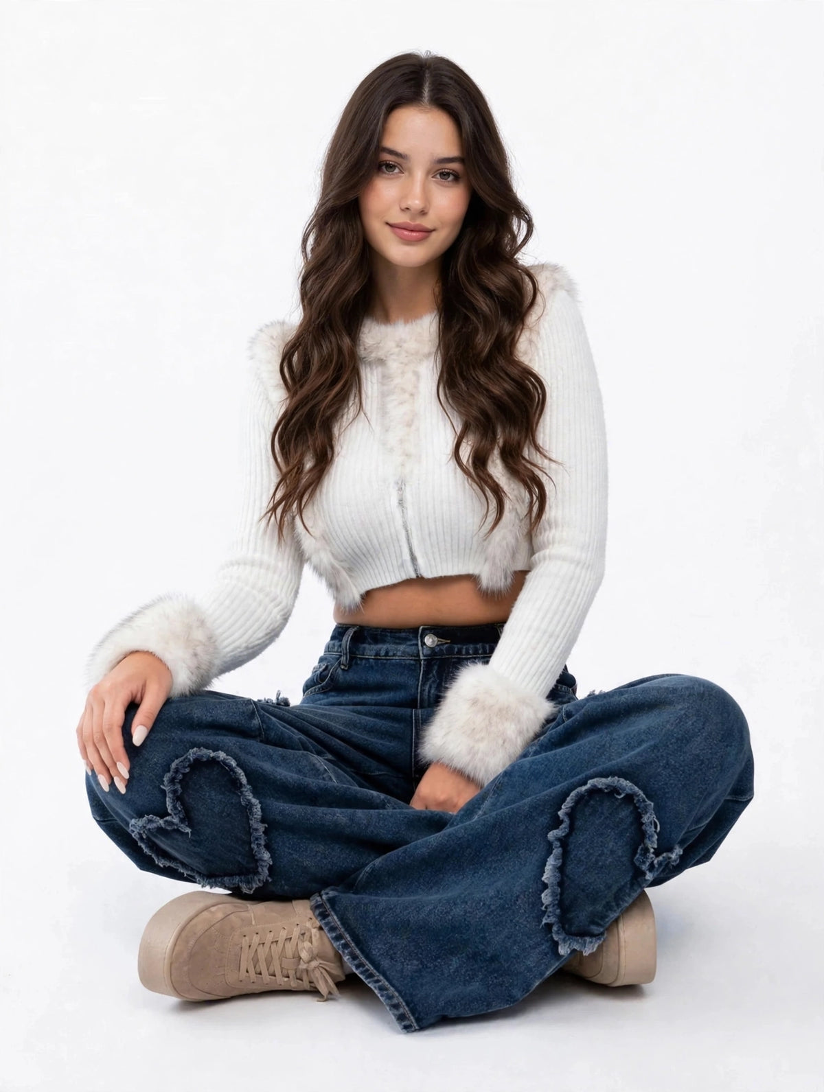 Jean large taille haute à motifs de cœur style Y2K