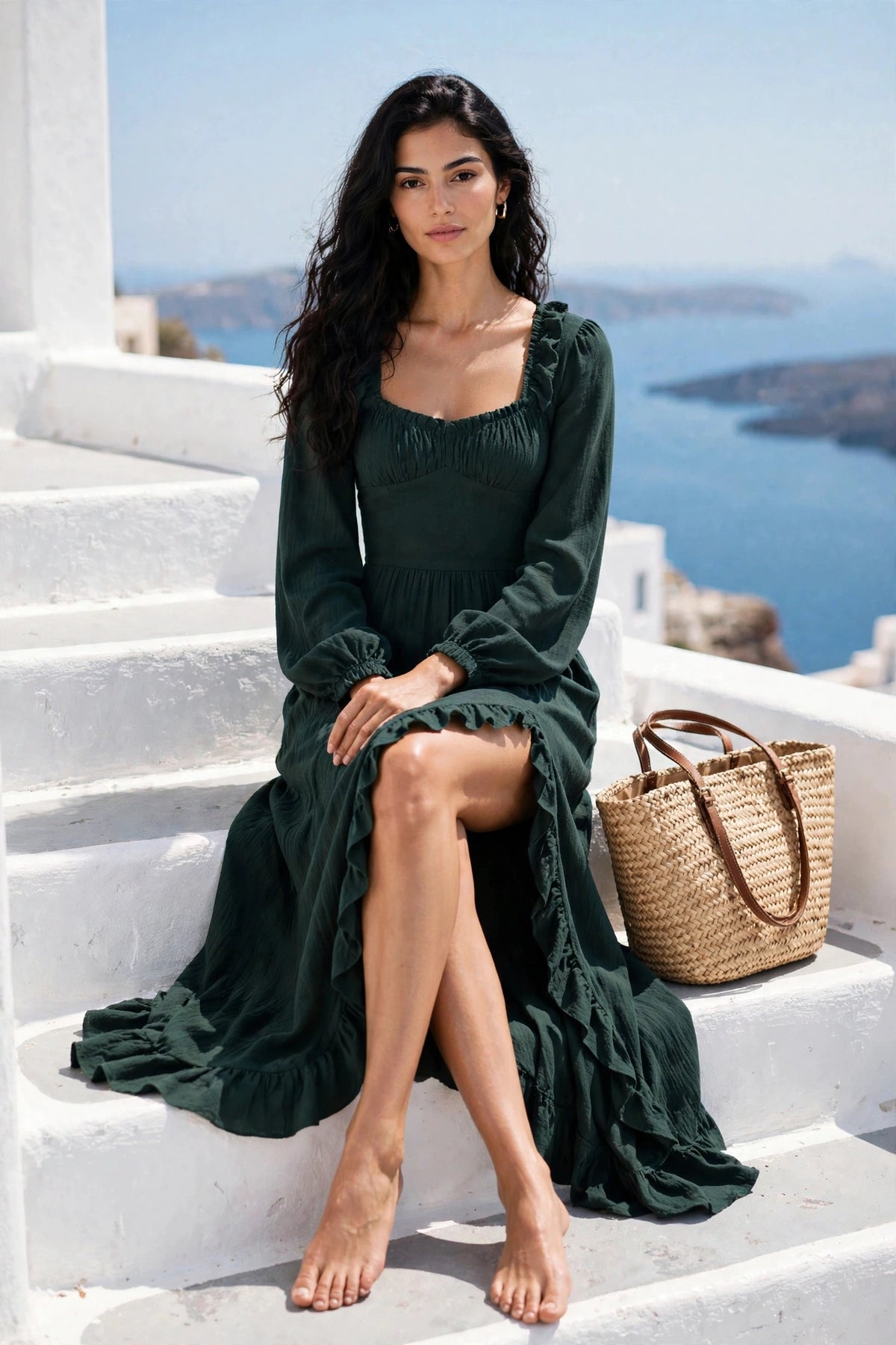 Robe longue, col carré et fente latérale