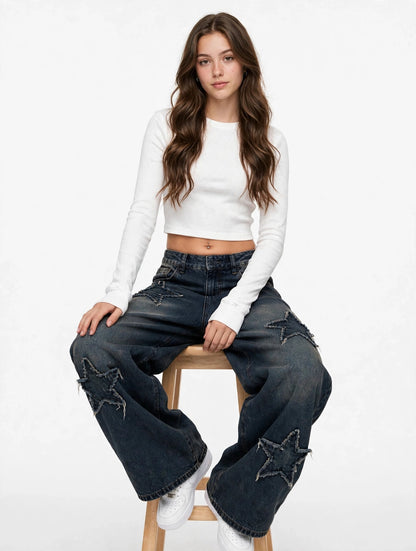 Jean large destroy taille haute style streetwear grunge