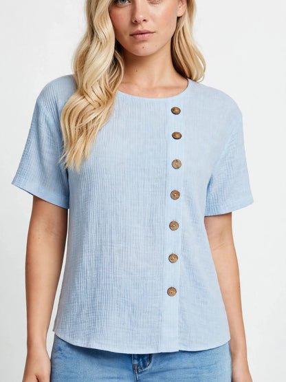 T-shirt élégant à manches courtes et boutons décoratifs asymétriques