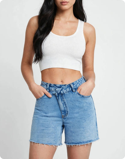 short en jean taille haute à design croisé et cordon de serrage