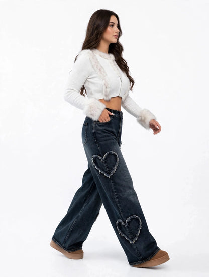 Jean large taille haute à motifs de cœur style Y2K