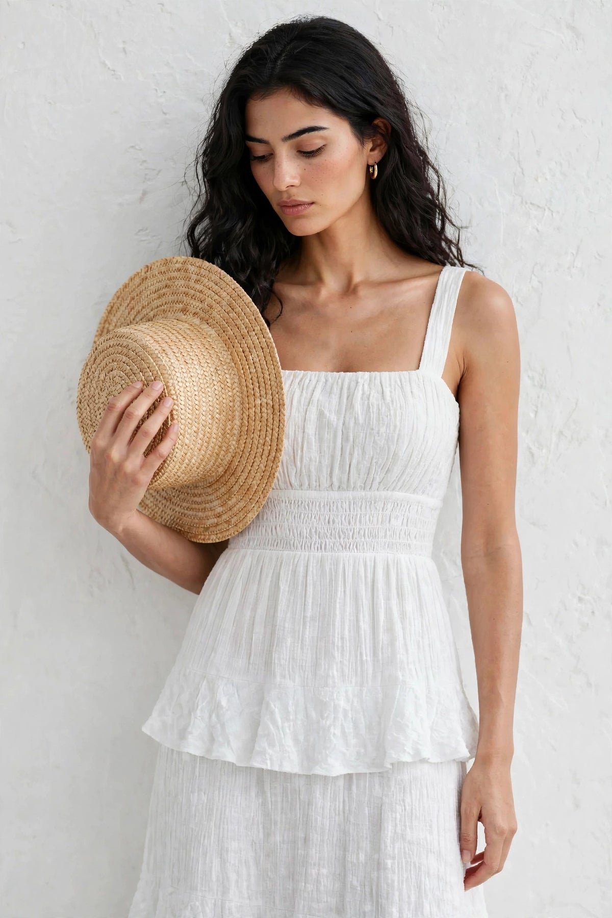 Robe longue à volants superposés et bretelles fines au style bohéme