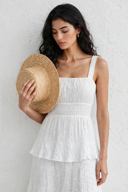Robe longue à volants superposés et bretelles fines au style bohéme